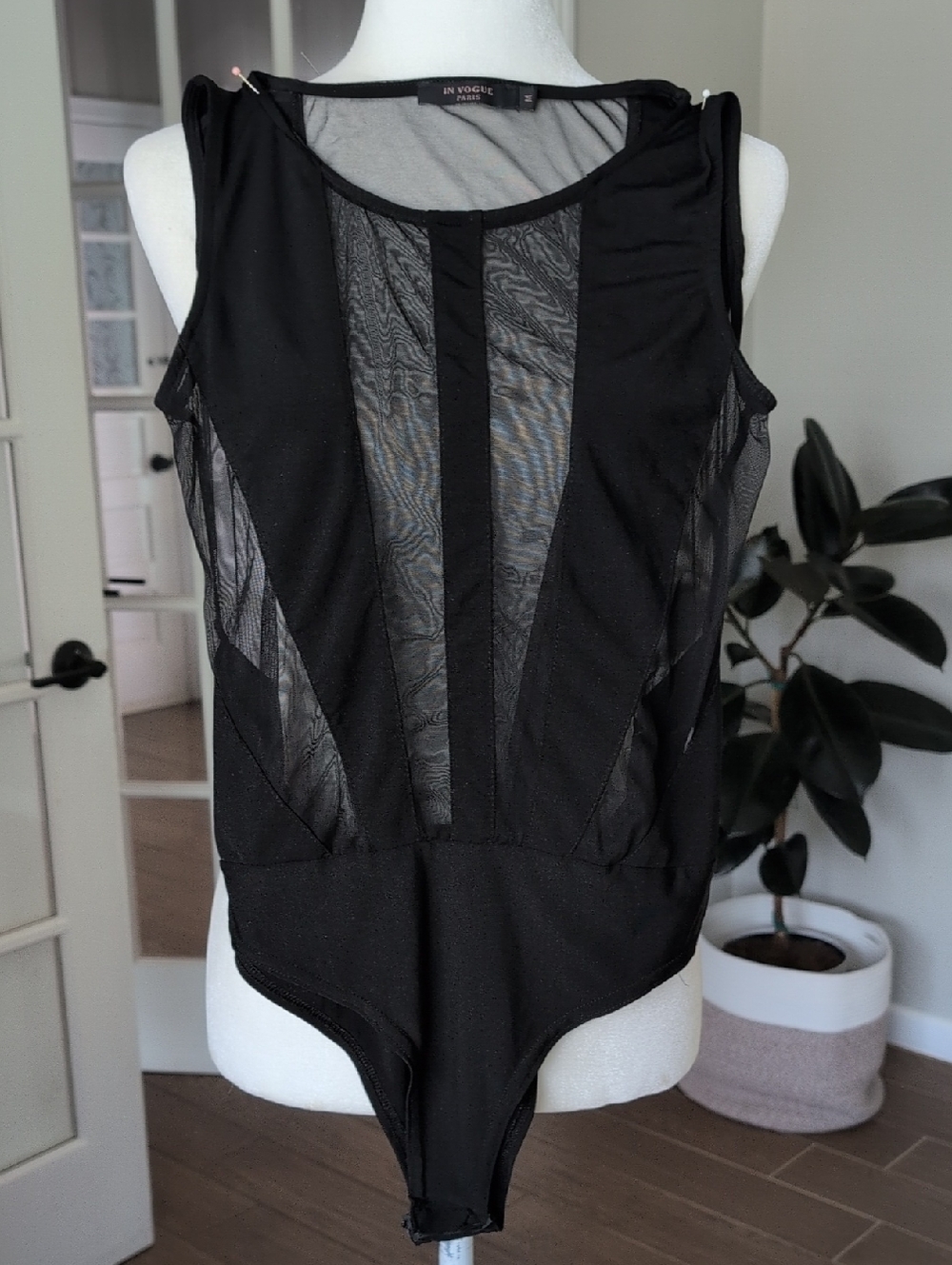 Vintage In Vogue Black Mesh Sheer Panel Bodysuit Medium